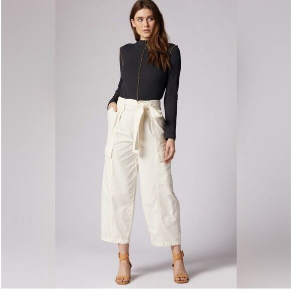 NWT $248 Joie Emerald Cotton Blend Ivory Straight Leg Pants Size 12 Belted - Picture 1 of 13